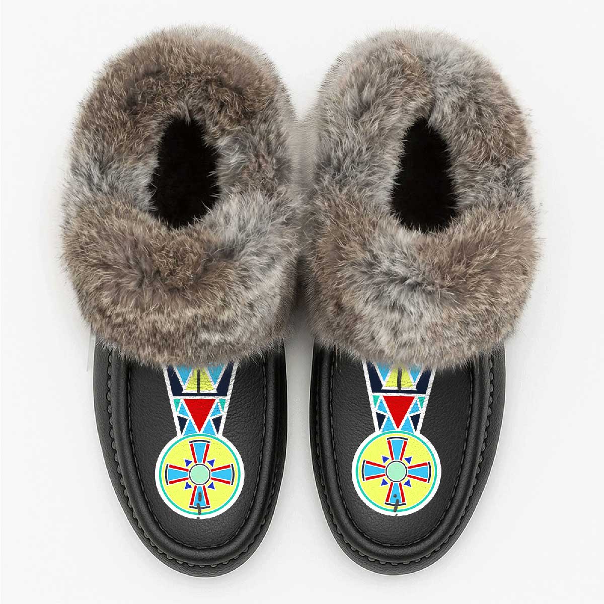 Firewheel Emblem Black Leather Mottled Fur Moccasin