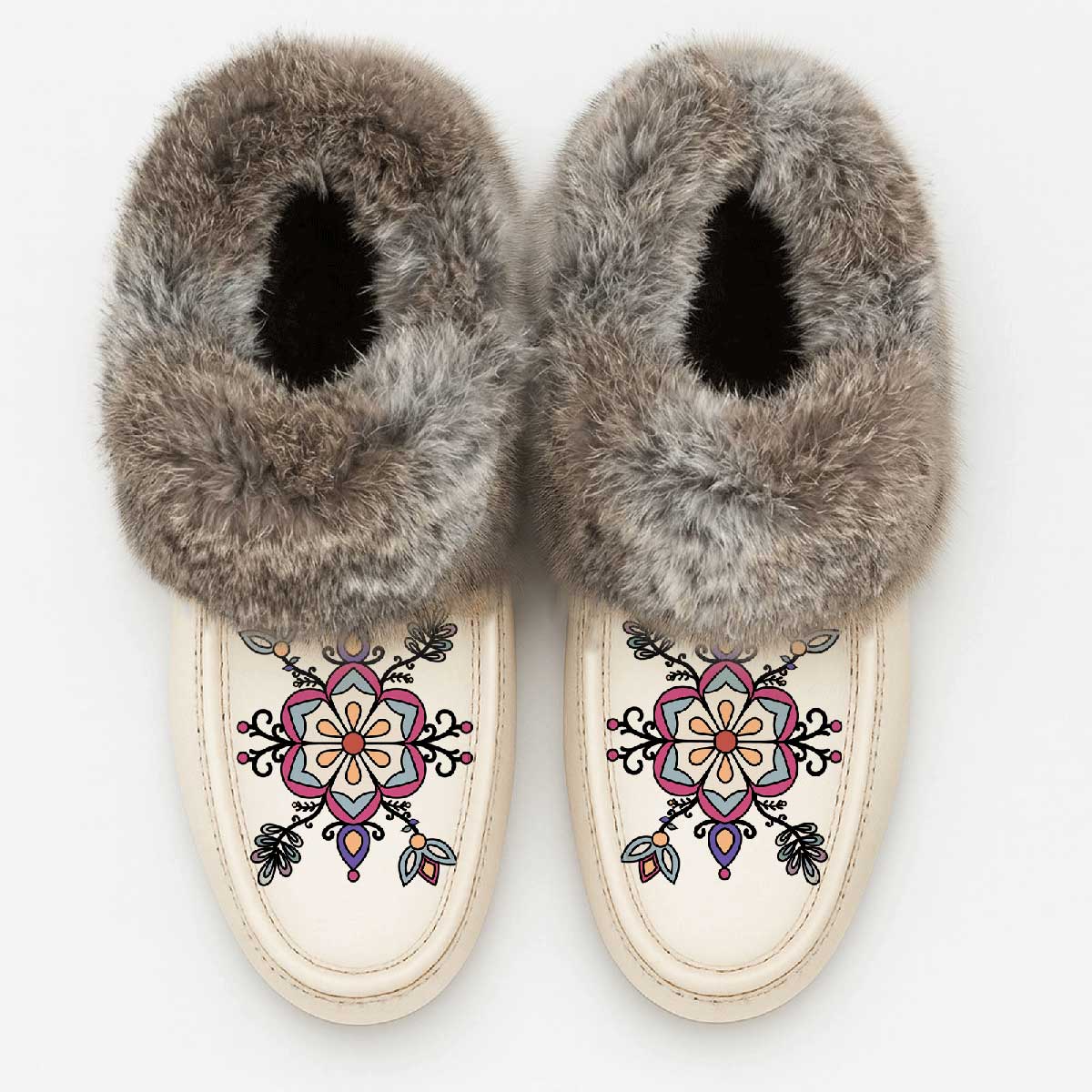 Aurora Petal Glow White Leather Mottled Fur Moccasin