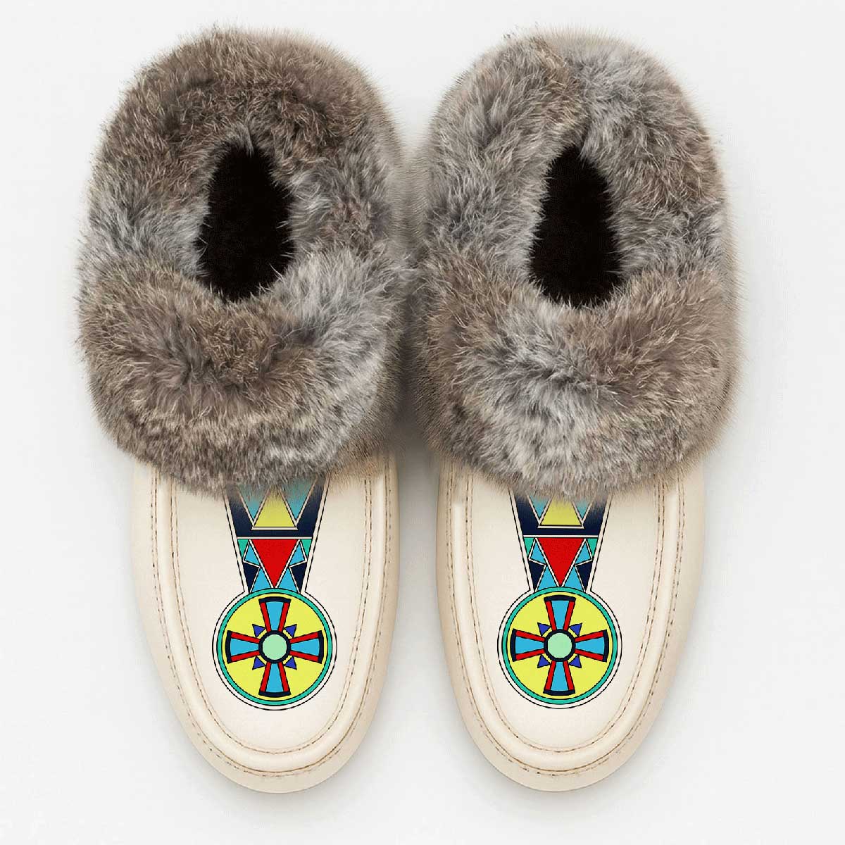 Firewheel Emblem White Leather Mottled Fur Moccasin