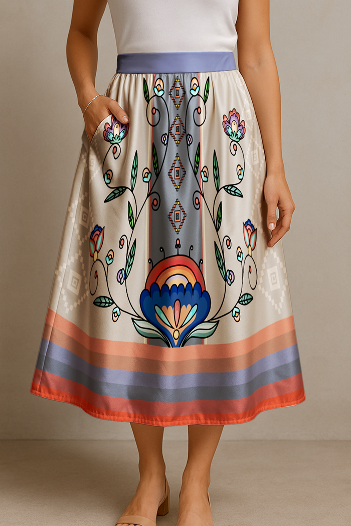 Threaded Whispers Earthy Elastic Waist Pocket Midi Skirt