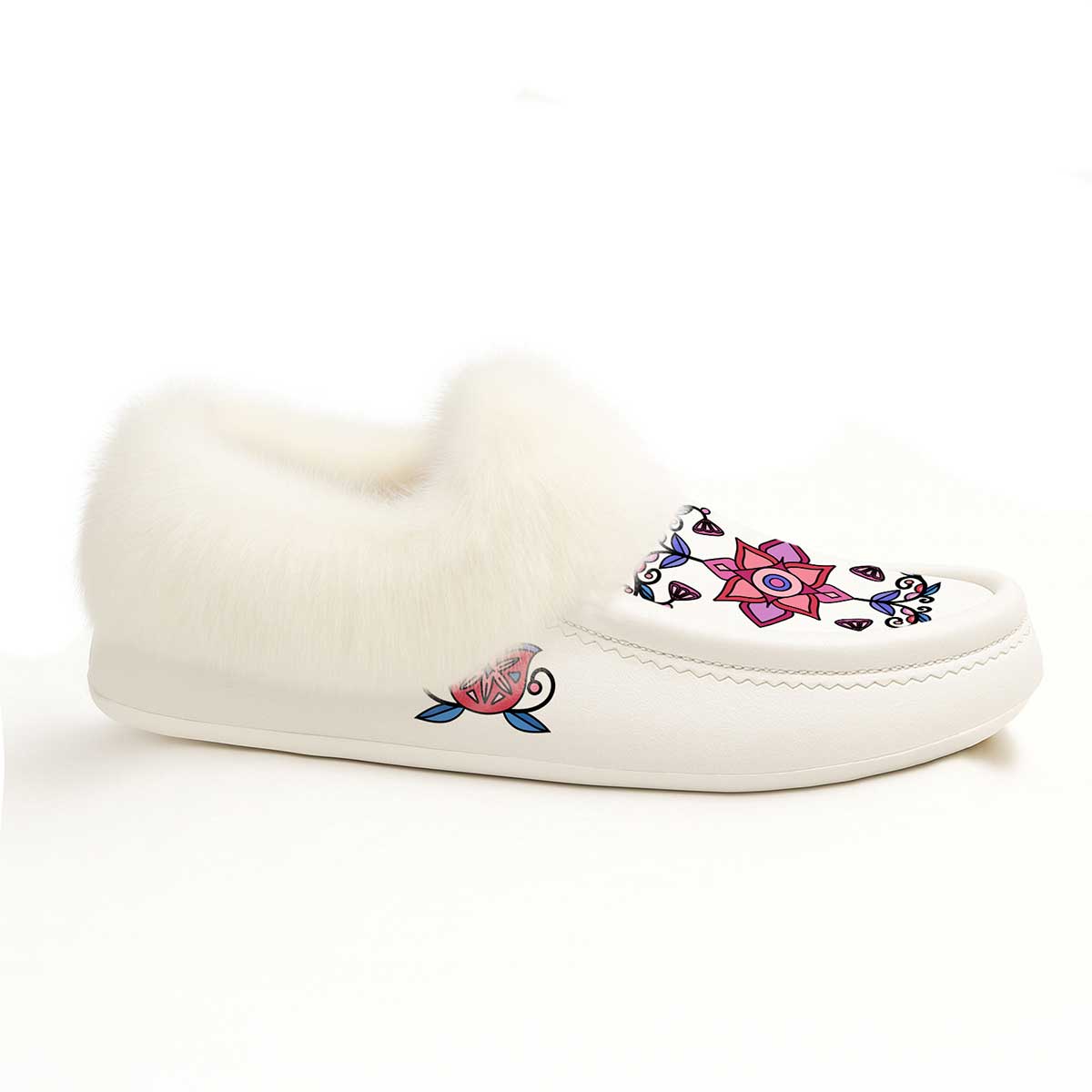 Frost Flower Circle White Leather White Fur Moccasin
