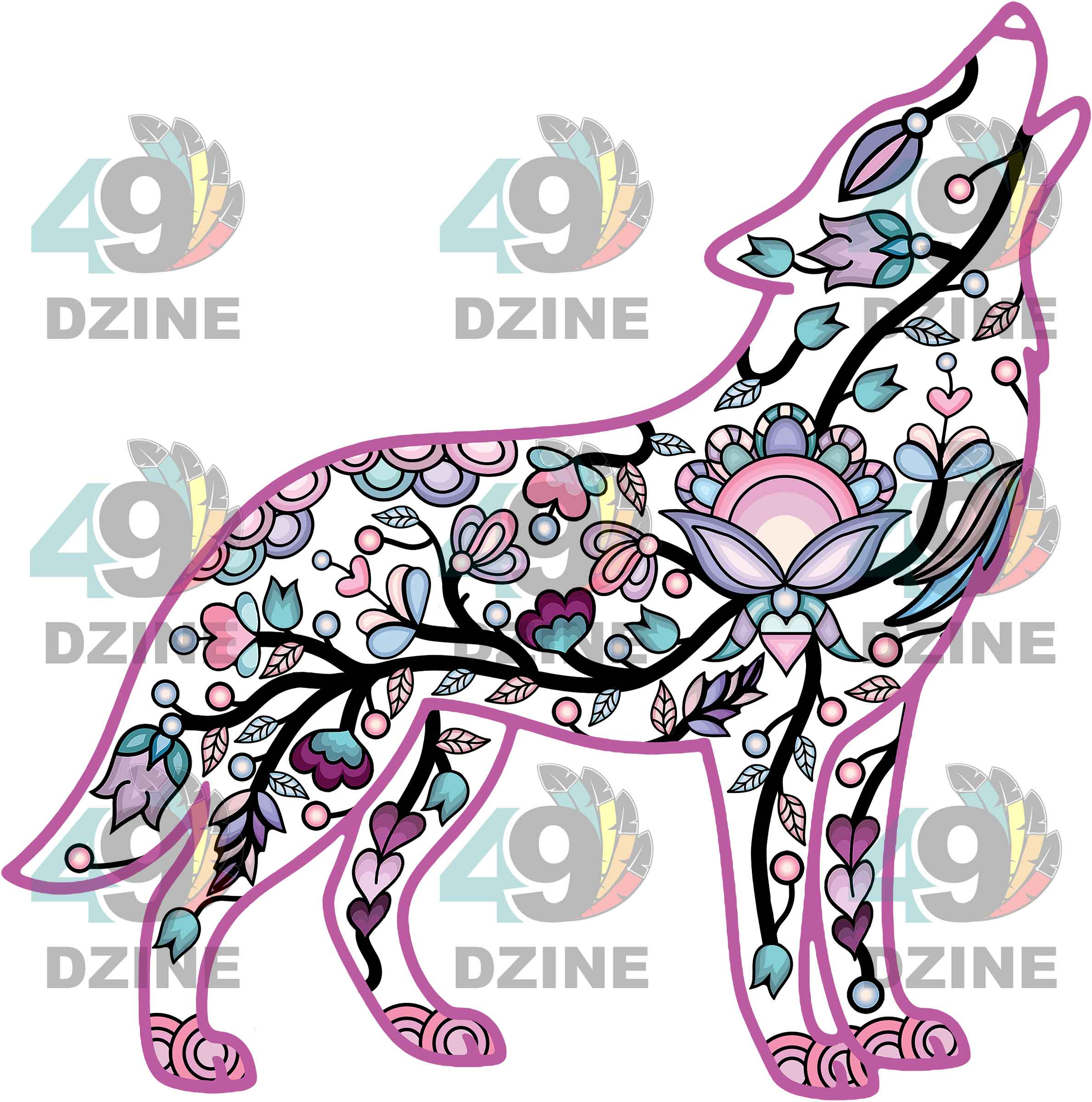 Wolf Floral Motif 1 Various Sizes