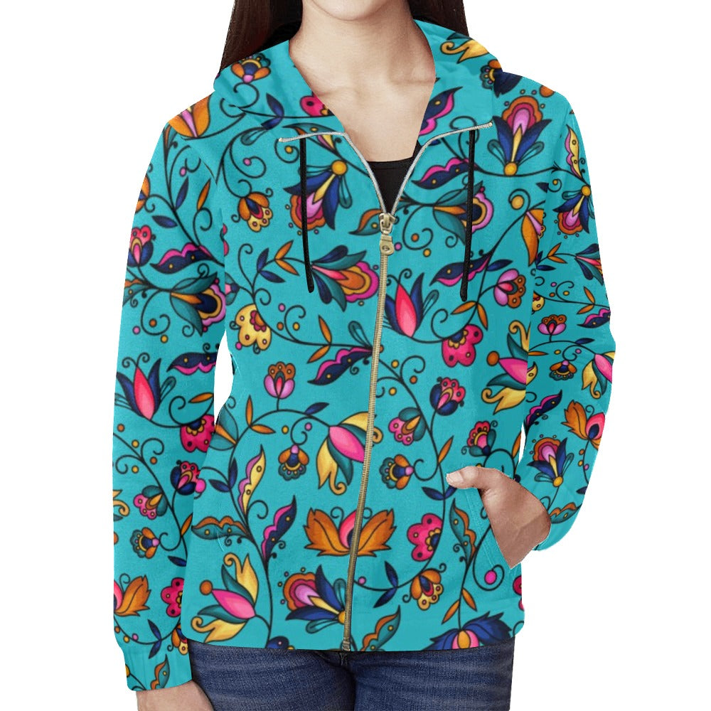 Copper Prairie Petals Turquoise Full Zip Hoodie for Women
