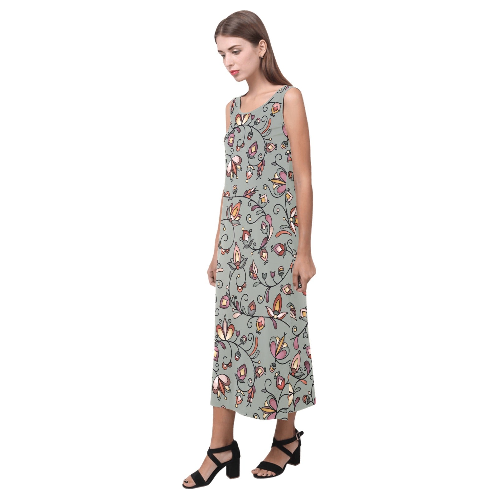 Burnt Sky Petals Green Phaedra Sleeveless Open Fork Long Dress