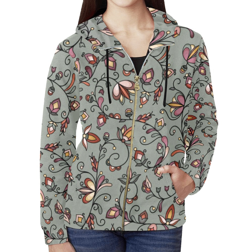 Burnt Sky Petals Green Full Zip Hoodie for Women
