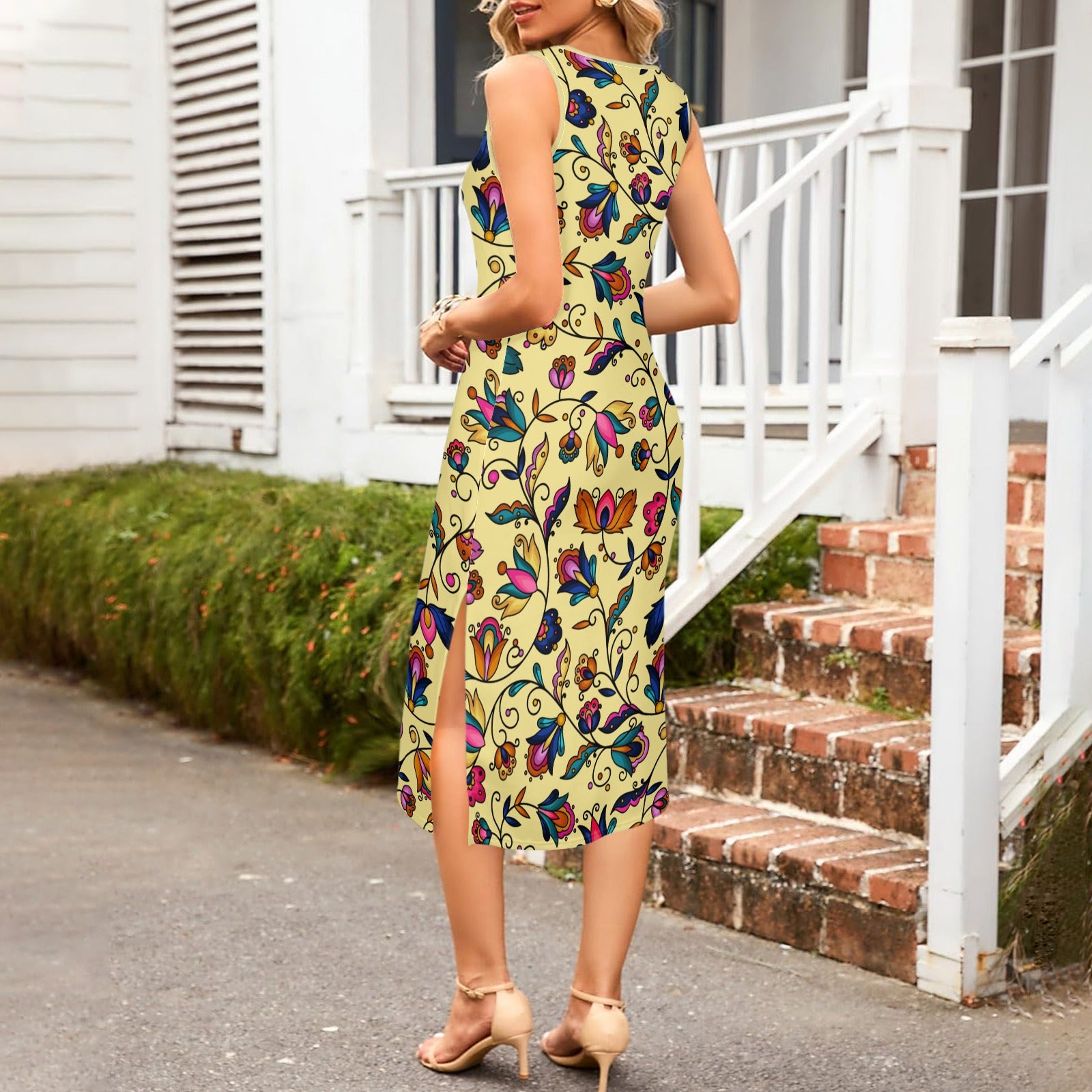 Copper Prairie Petals Yellow Phaedra Sleeveless Open Fork Long Dress