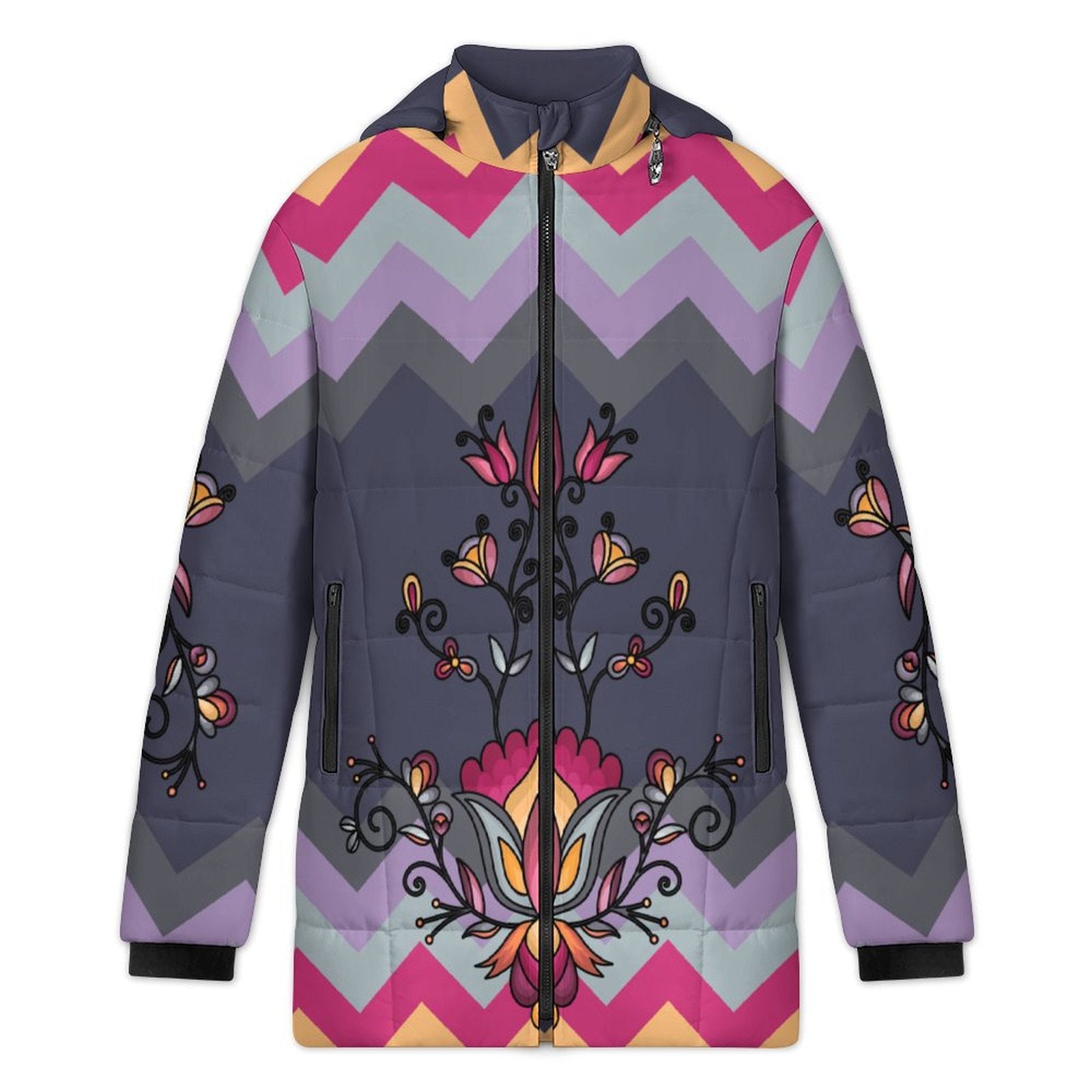 Crimson Drift Petals Women's Hooded Puffer Coat