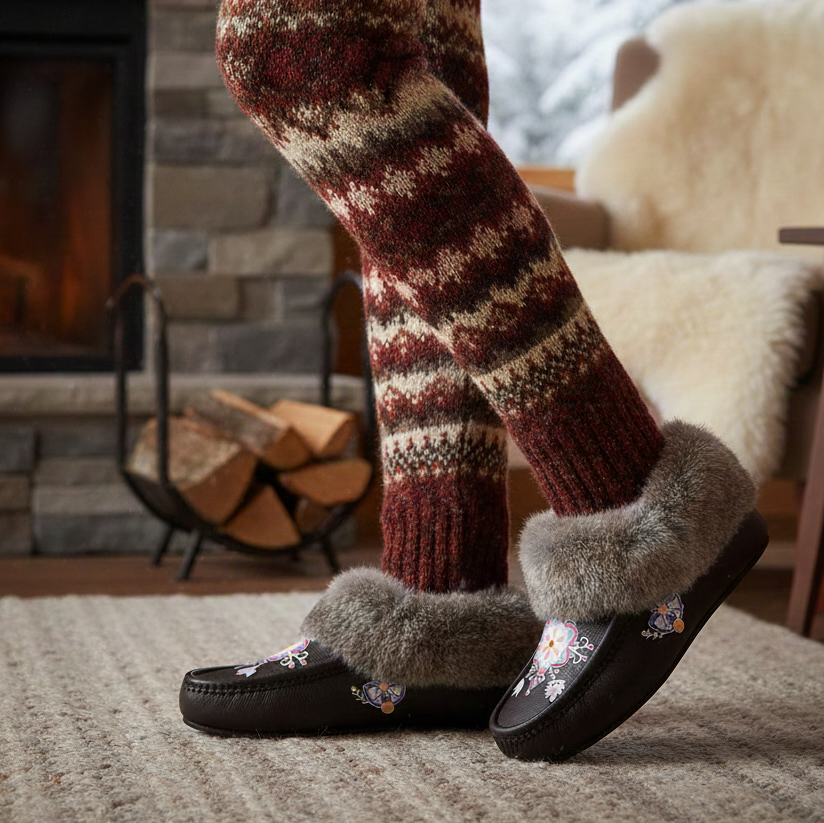 Aurora Petal Glow Brown Leather Mottled Fur Moccasin