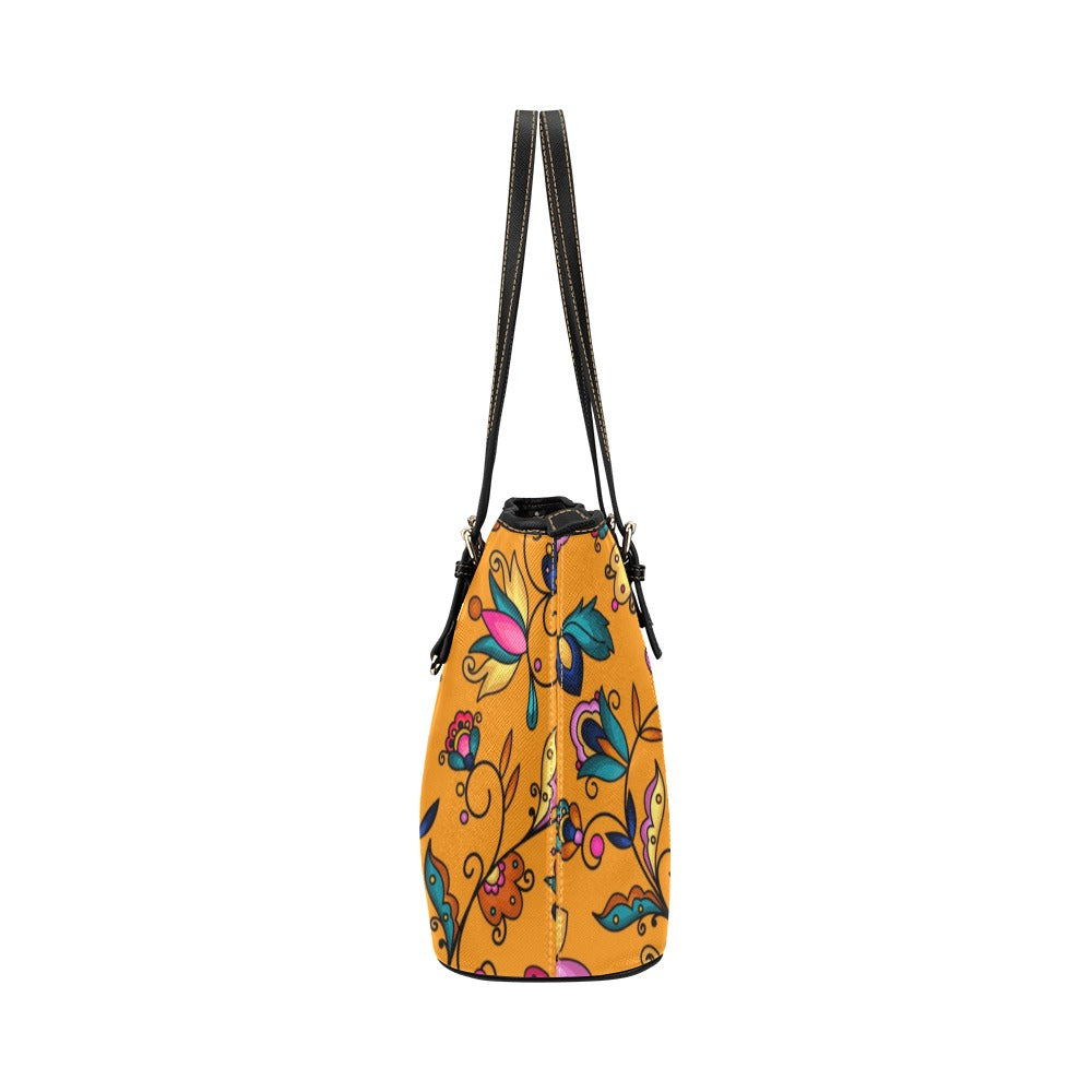 Copper Prairie Petals Orange Leather Tote Bag/Large