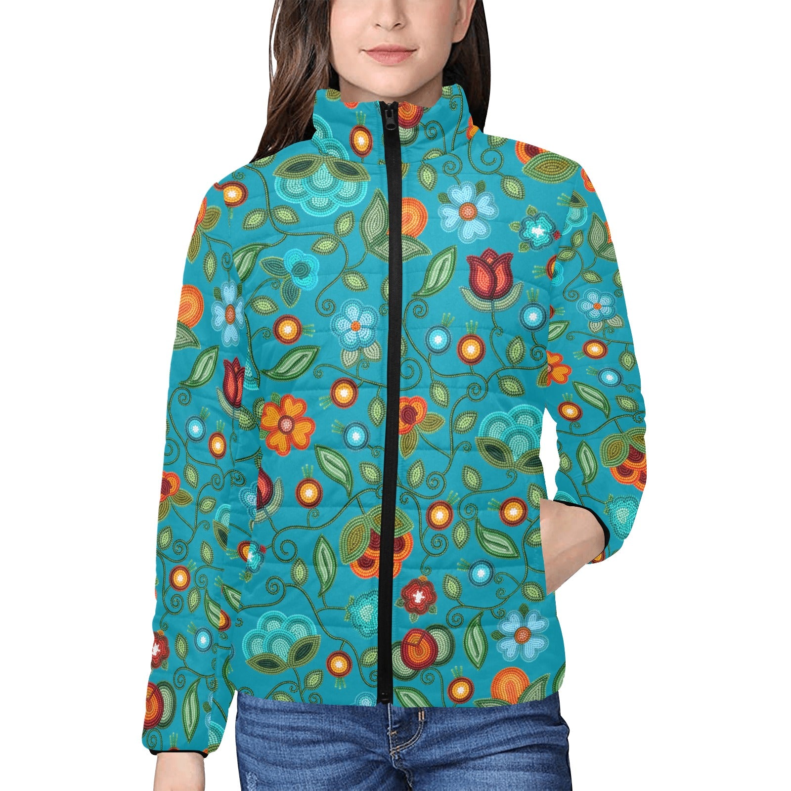 Prairie Fire Petals Ocean Women's Stand Collar Padded Jacket
