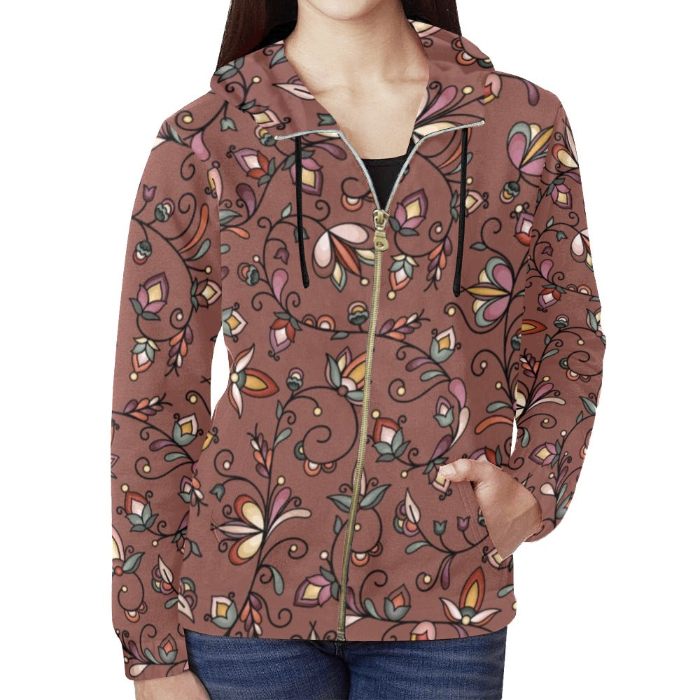 Burnt Sky Petals Brown Full Zip Hoodie for Women