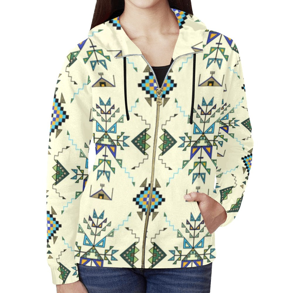 Bear Shield Cream Full Zip Hoodie for Women