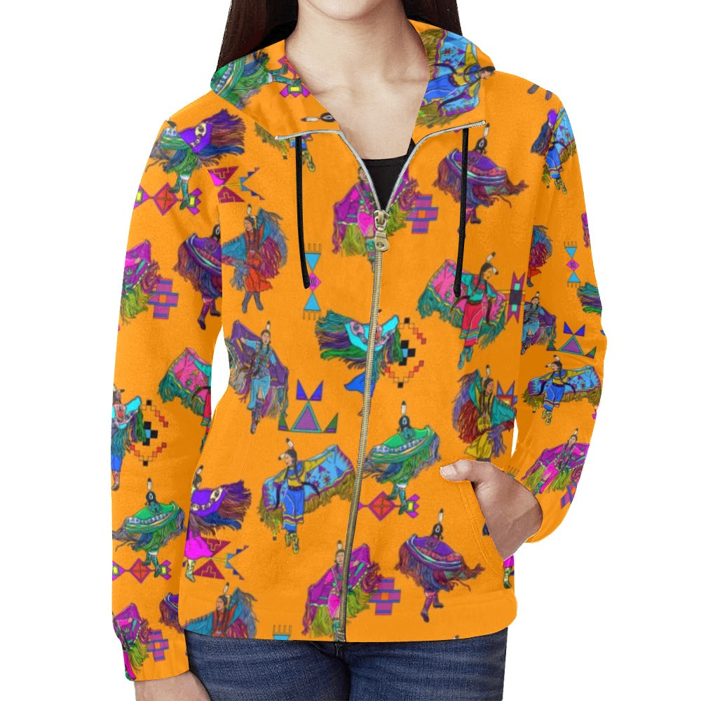 Women's Fancy Dancers Orange Full Zip Hoodie for Women