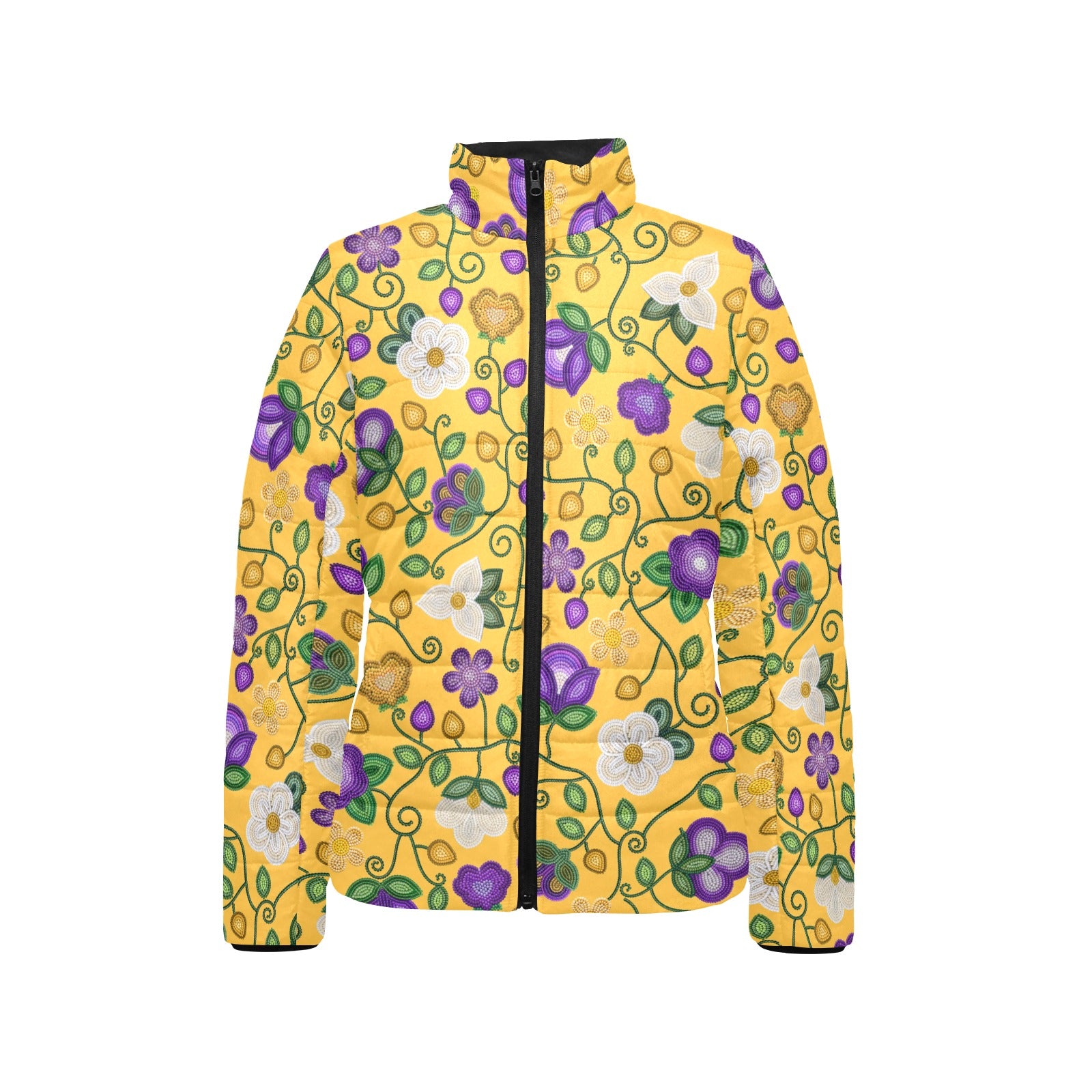 Midnight Moss Bloom Yellow Women's Stand Collar Padded Jacket