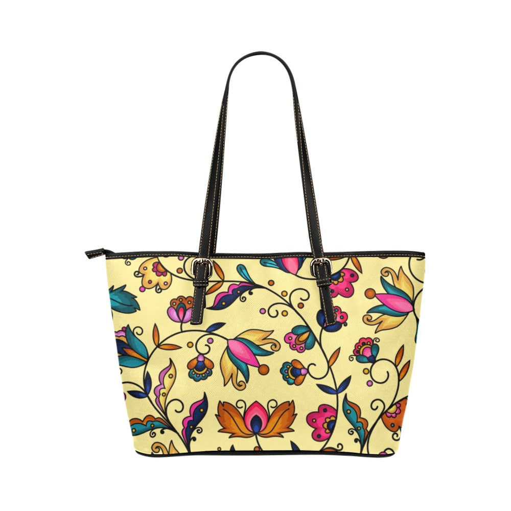 Copper Prairie Petals Yellow Leather Tote Bag/Large