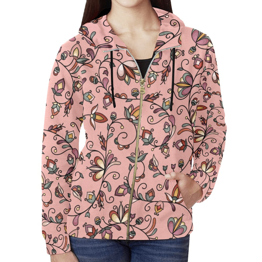 Burnt Sky Petals Peach Full Zip Hoodie for Women