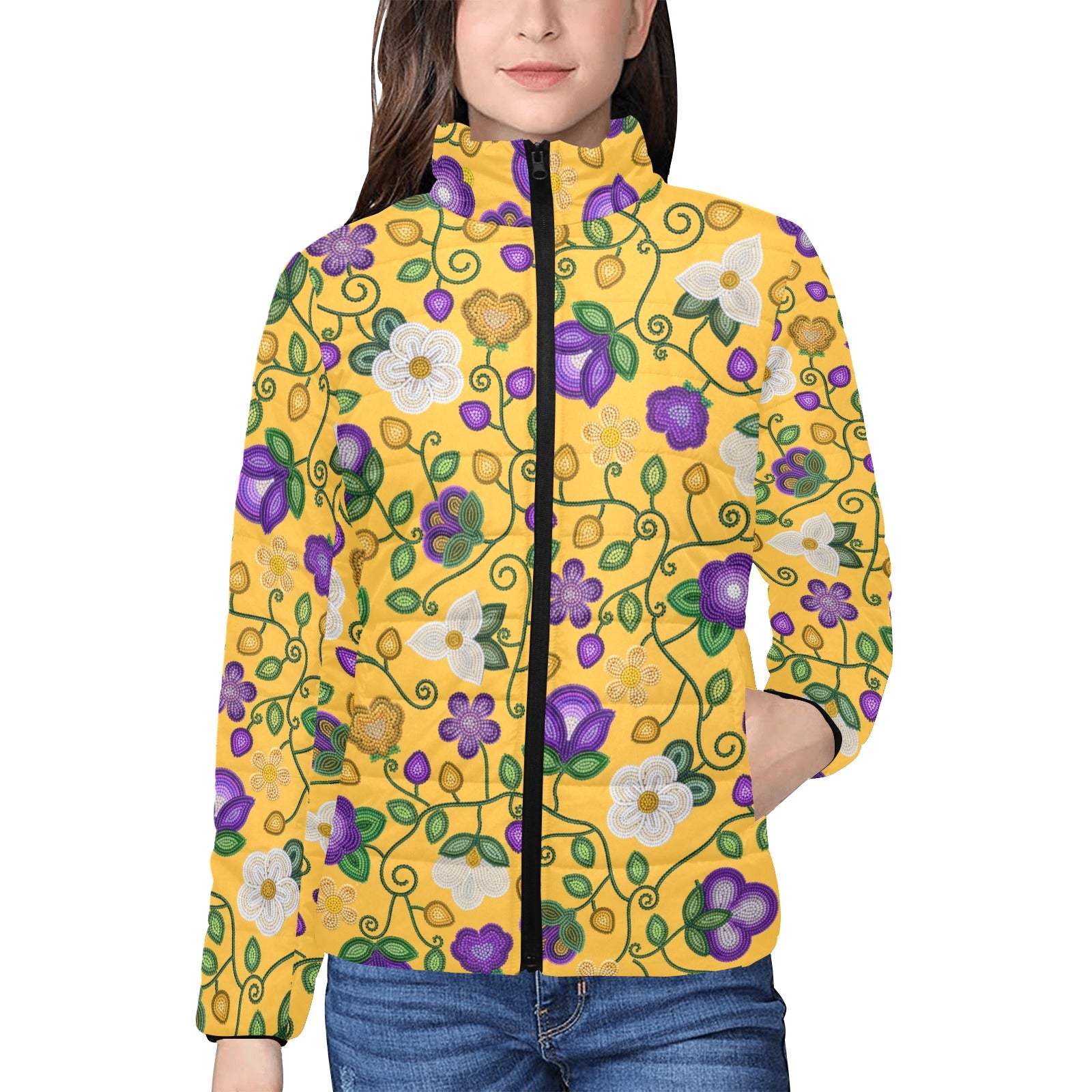 Midnight Moss Bloom Yellow Women's Stand Collar Padded Jacket