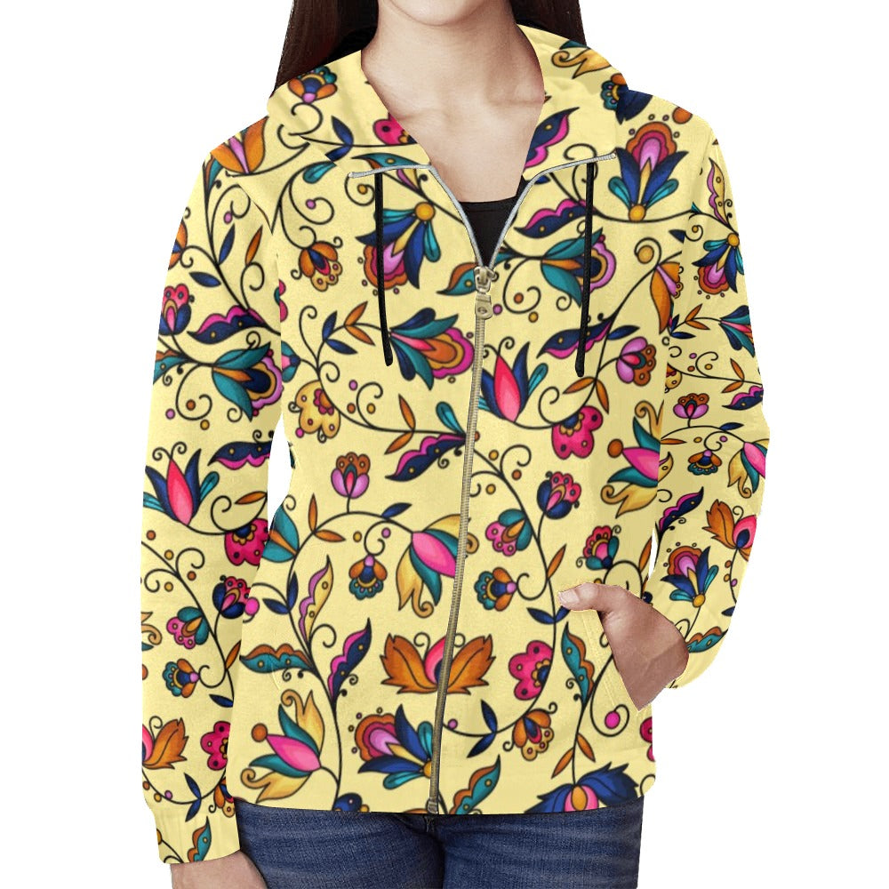 Copper Prairie Petals Yellow Full Zip Hoodie for Women