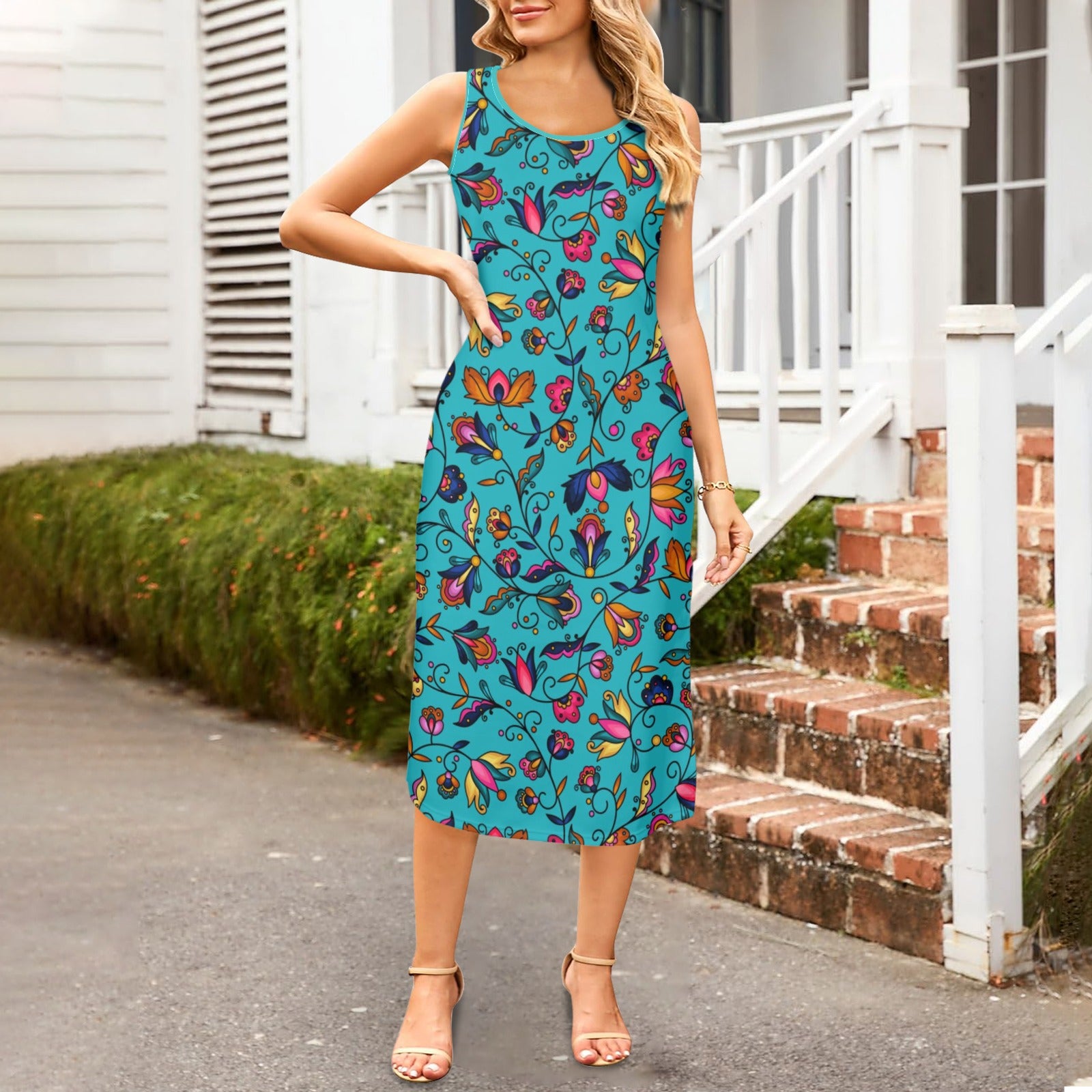 Copper Prairie Petals Turquoise Phaedra Sleeveless Open Fork Long Dress