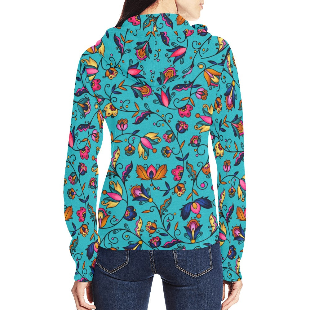 Copper Prairie Petals Turquoise Full Zip Hoodie for Women