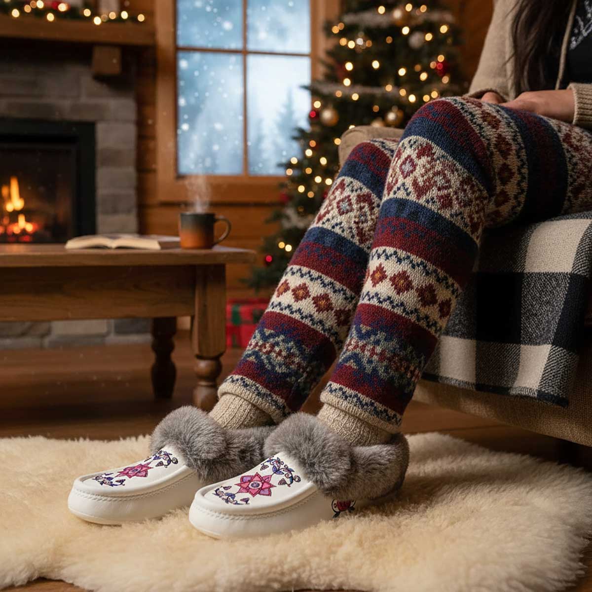 Frost Flower Circle White Leather Mottled Fur Moccasin