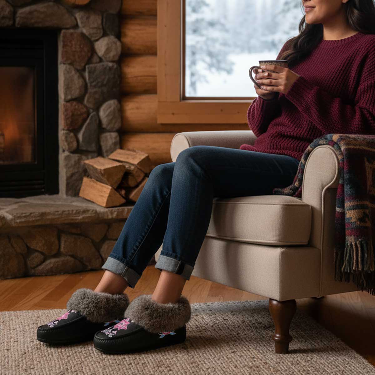 Frost Flower Circle Brown Leather Mottled Fur Moccasin