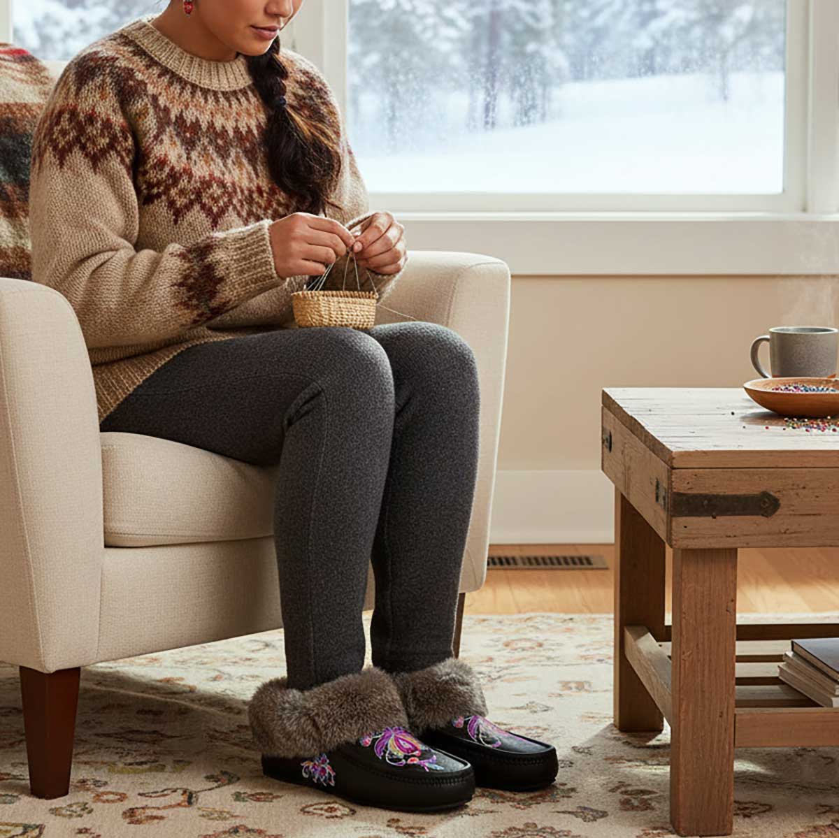 Frosted Leaf Spirit Black Leather Mottled Fur Moccasin