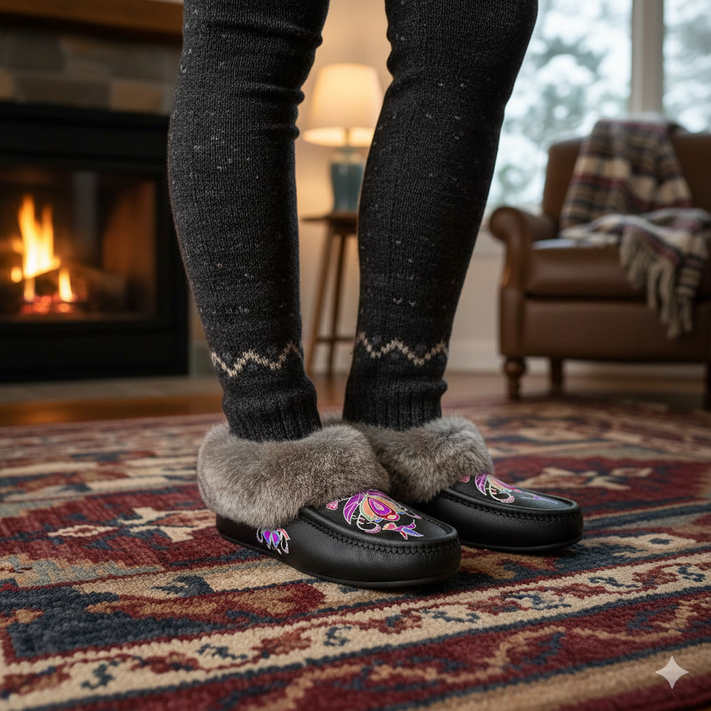 Frosted Leaf Spirit Brown Leather Mottled Fur Moccasin