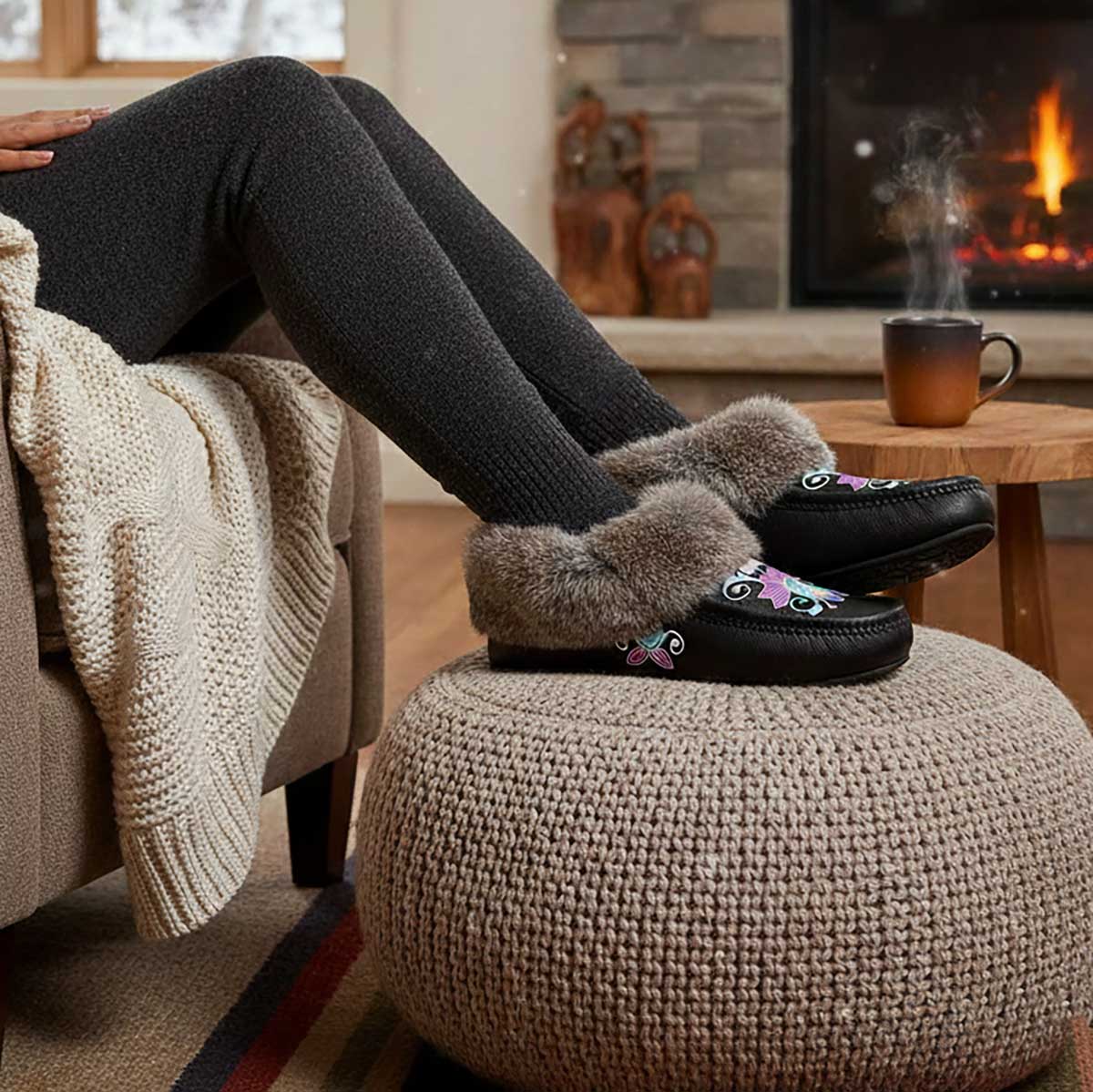 Moonlit Frost Brown Leather Mottled Fur Moccasin