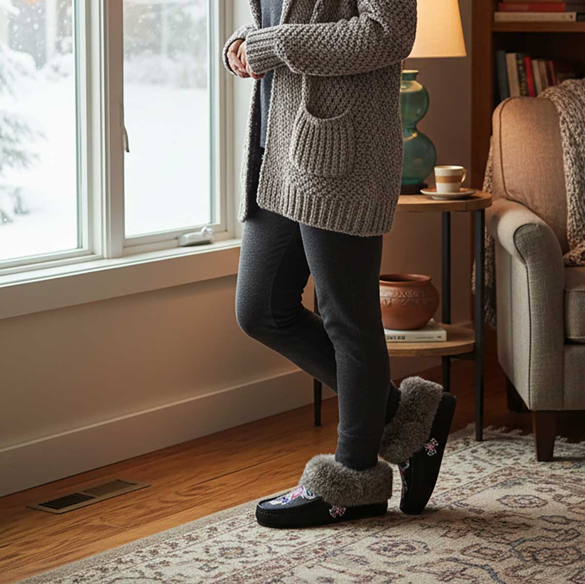 Northern Ember Brown Leather Mottled Fur Moccasin