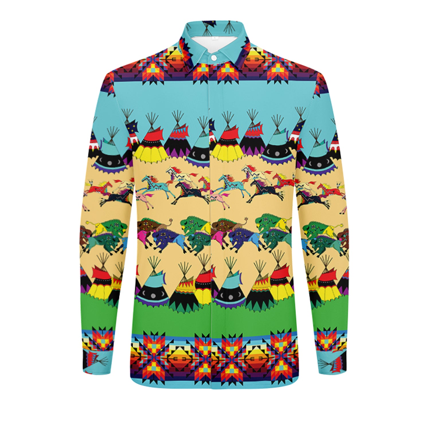 Horses and Buffalo Ledger Torquoise Men's Long Sleeve Dress Shirt