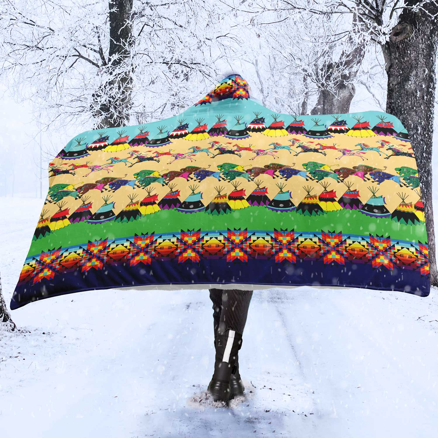 Horses and Buffalo Ledger Blue Hooded Blanket