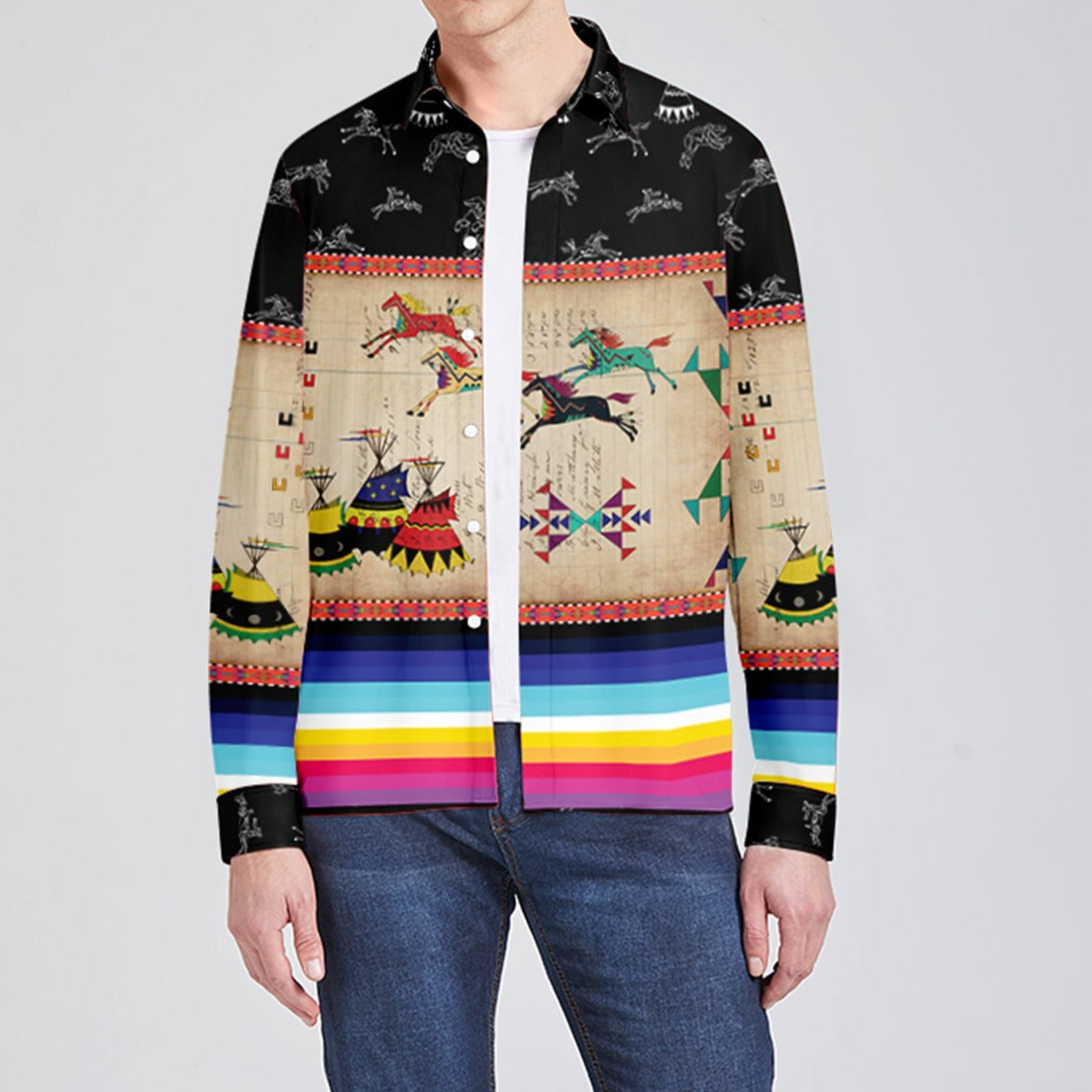 Horses Running Black Sky Men's Long Sleeve Dress Shirt