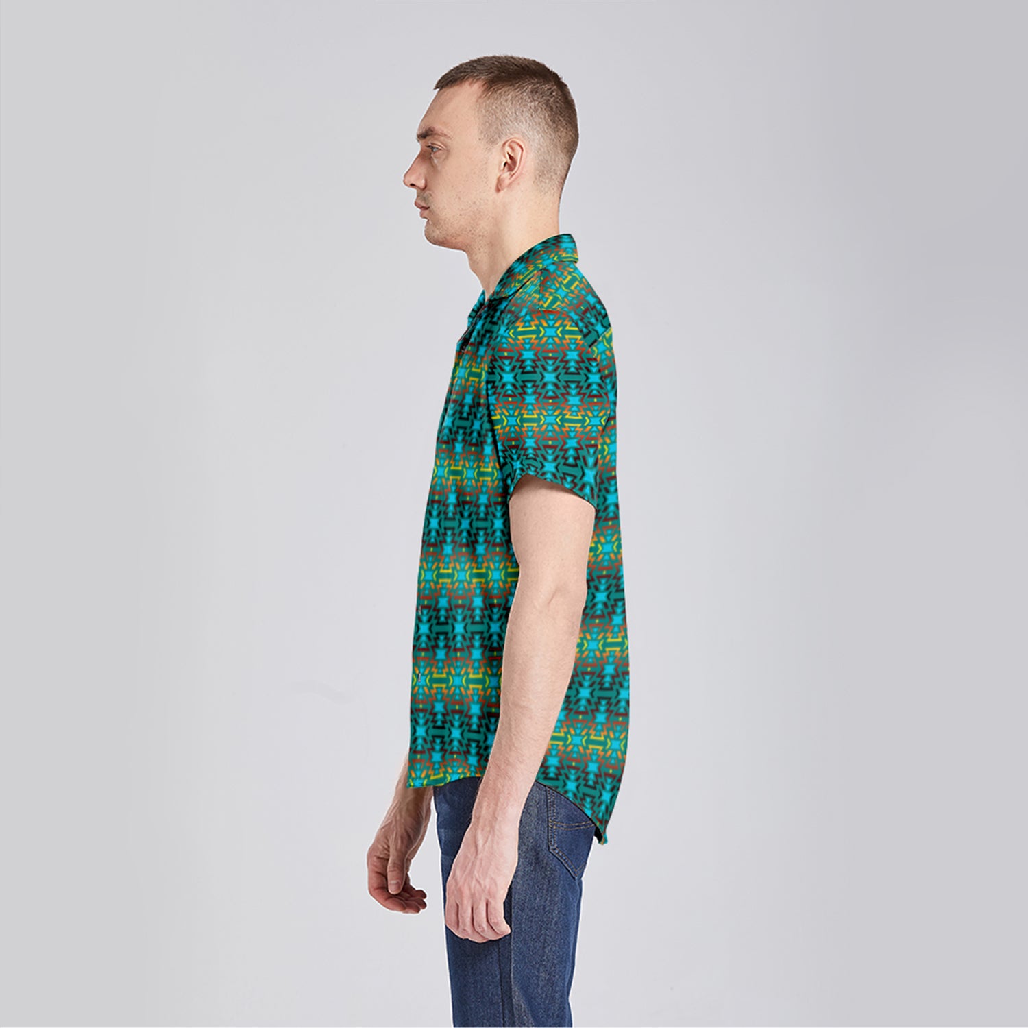 Fire Colors and Turquoise Teal Button Up Silk Shirt