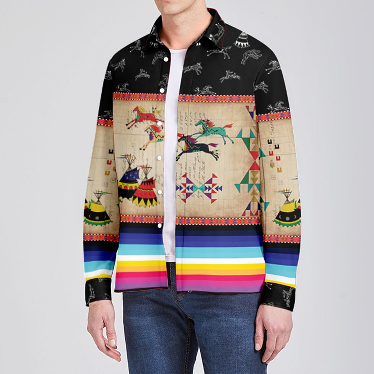 Horses Running Black Sky Men's Long Sleeve Dress Shirt