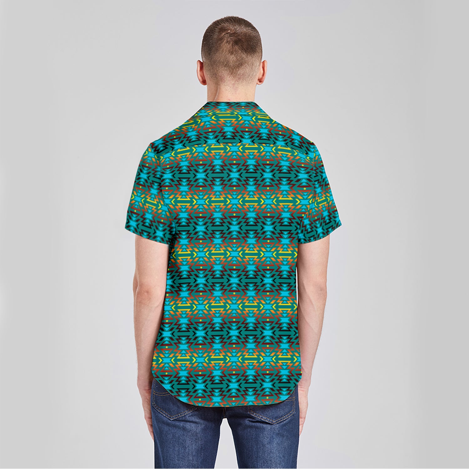 Fire Colors and Turquoise Teal Button Up Silk Shirt