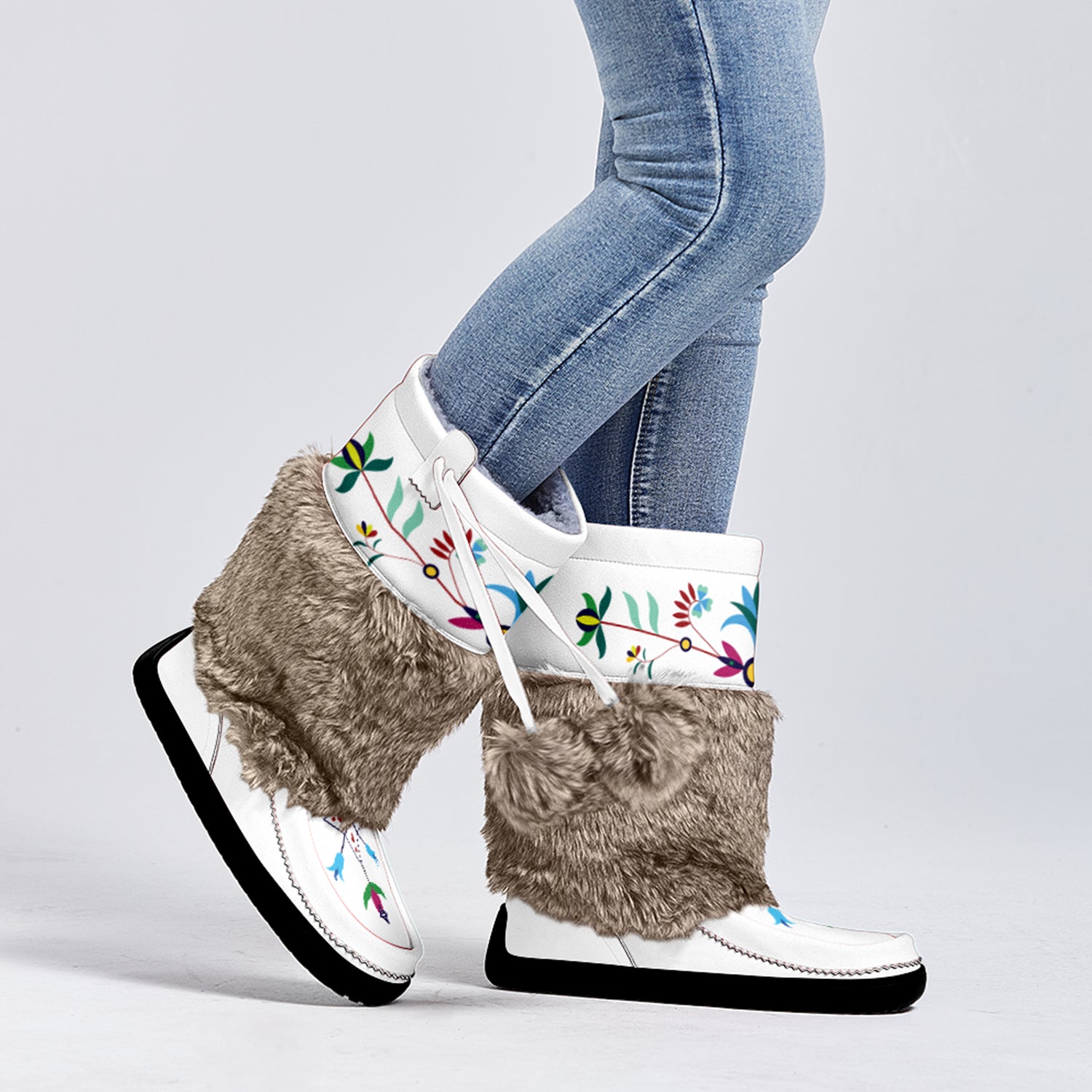 New Age Quill Real White Leather MocLux with Fur