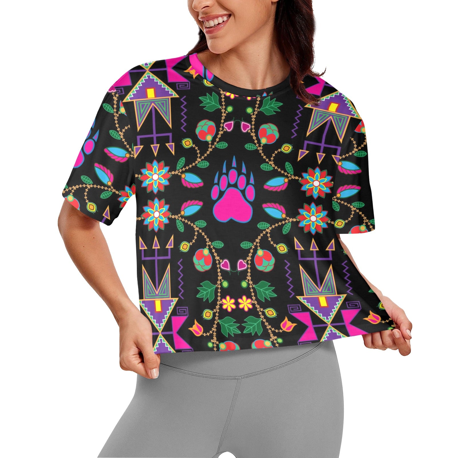 Geometric Floral Fall Black Women's Cropped T-shirt