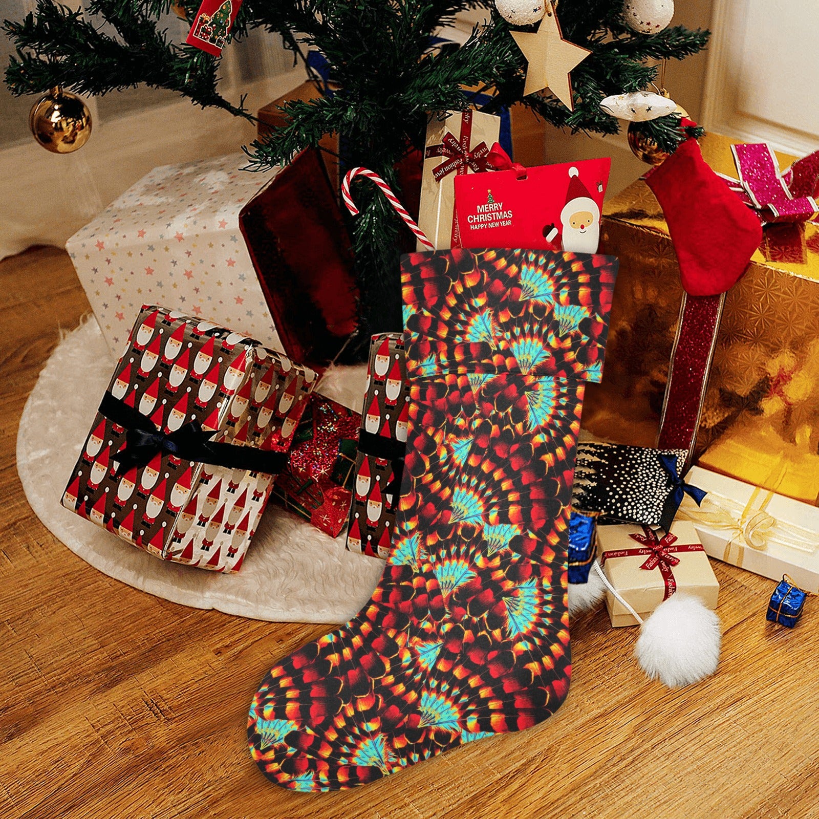 Hawk Feathers Fire and Turquoise Christmas Stocking