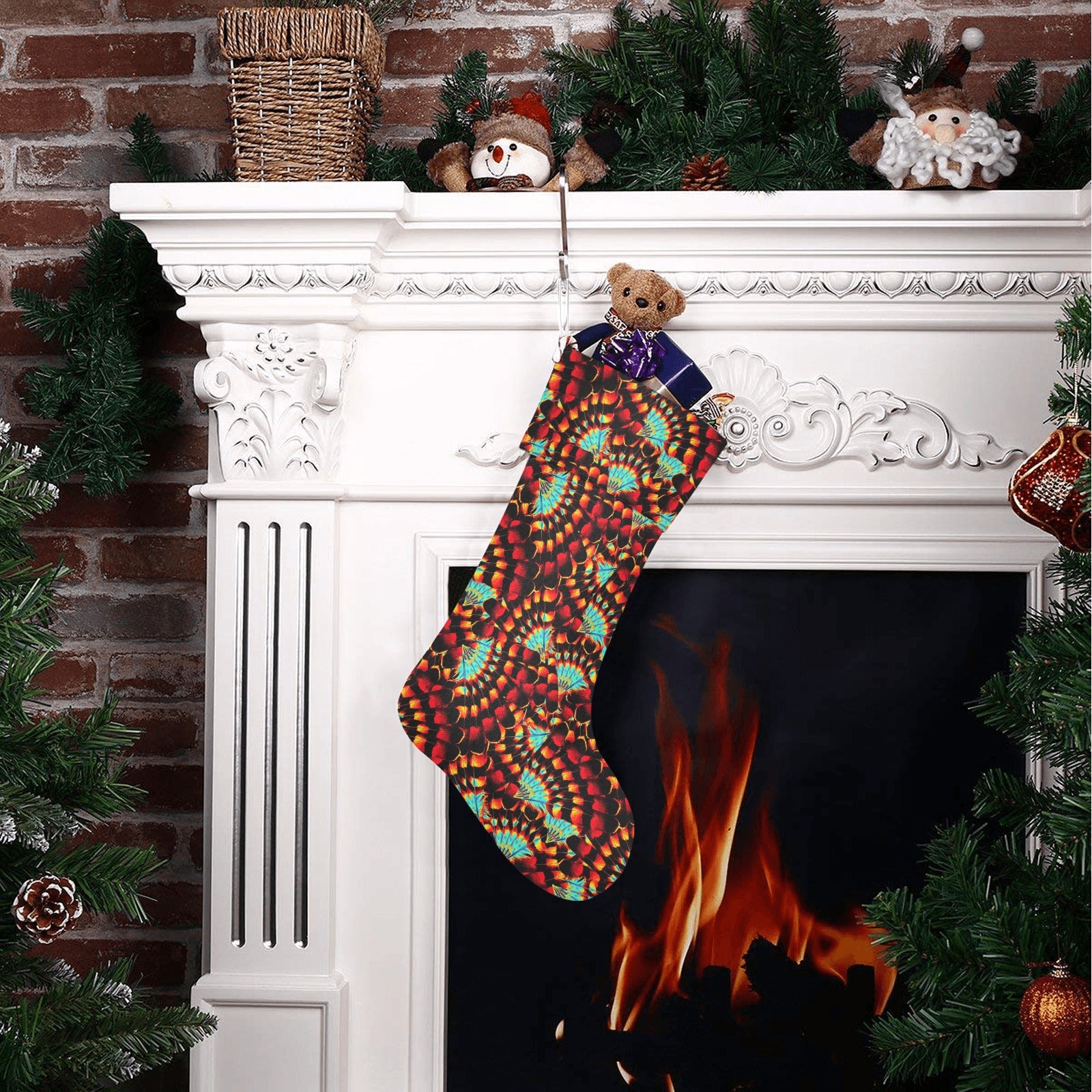 Hawk Feathers Fire and Turquoise Christmas Stocking