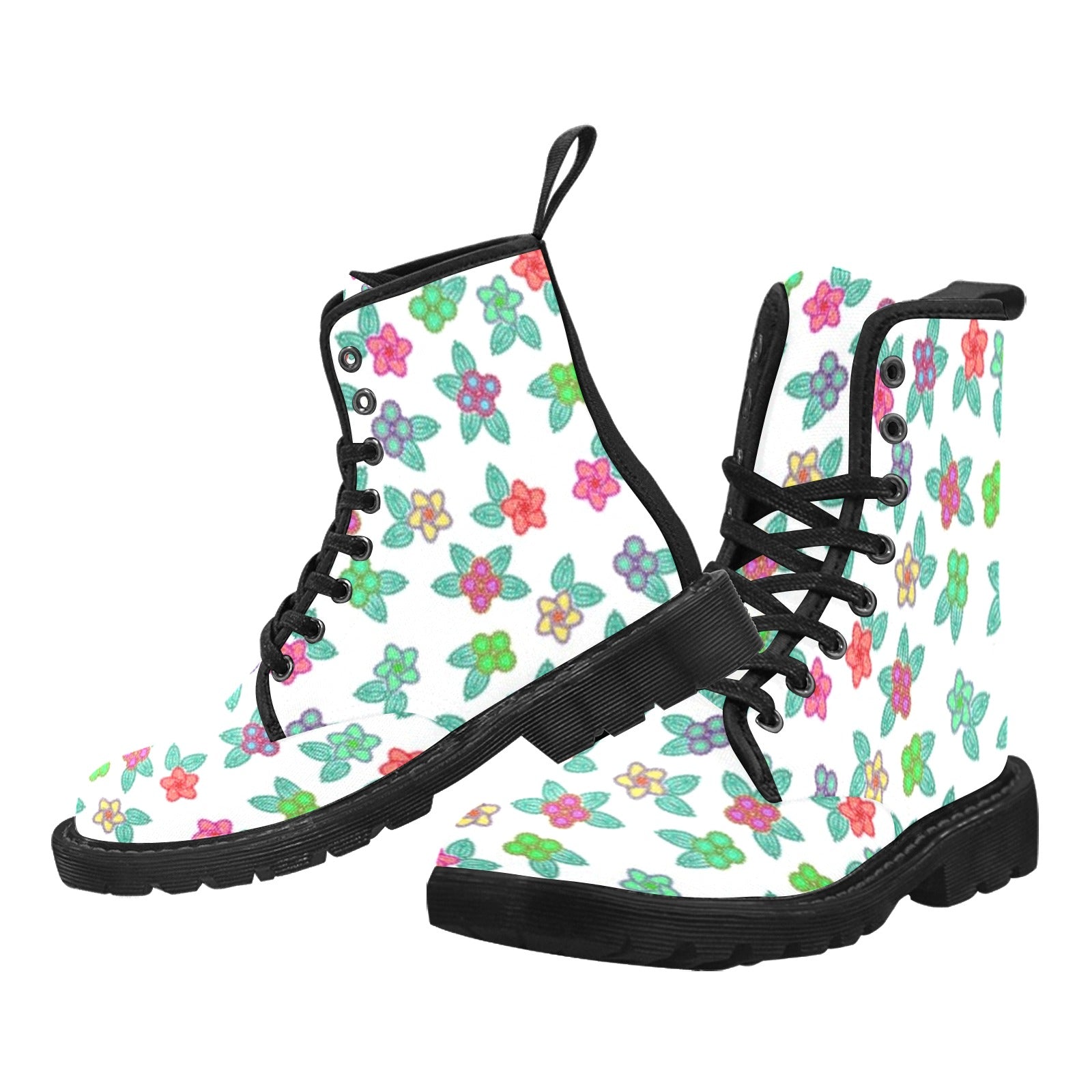 Berry Flowers White Boots for Women (Black)
