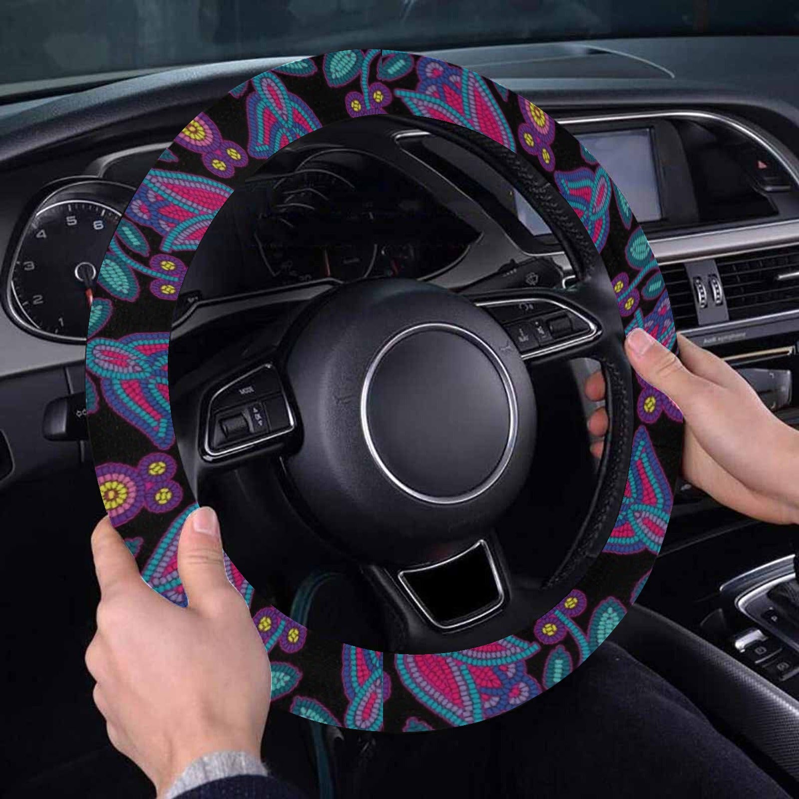 Beaded Nouveau Coal Steering Wheel Cover with Elastic Edge