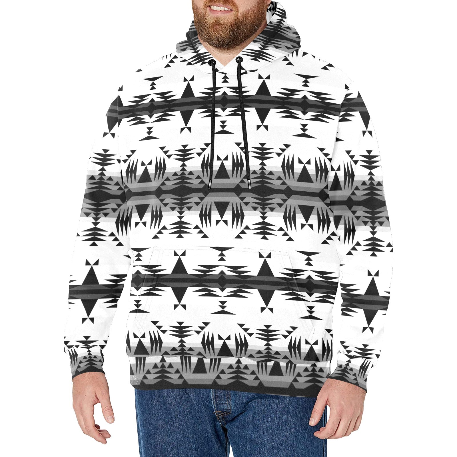 Between the Mountains White and Black Men's Long Sleeve Fleece Hoodie