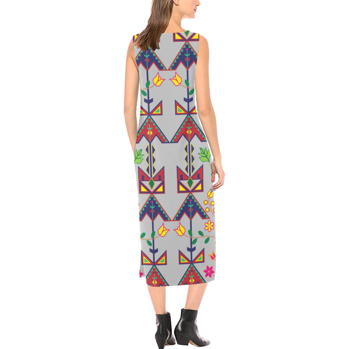 Geometric Floral Spring - Gray Phaedra Sleeveless Open Fork Long Dress