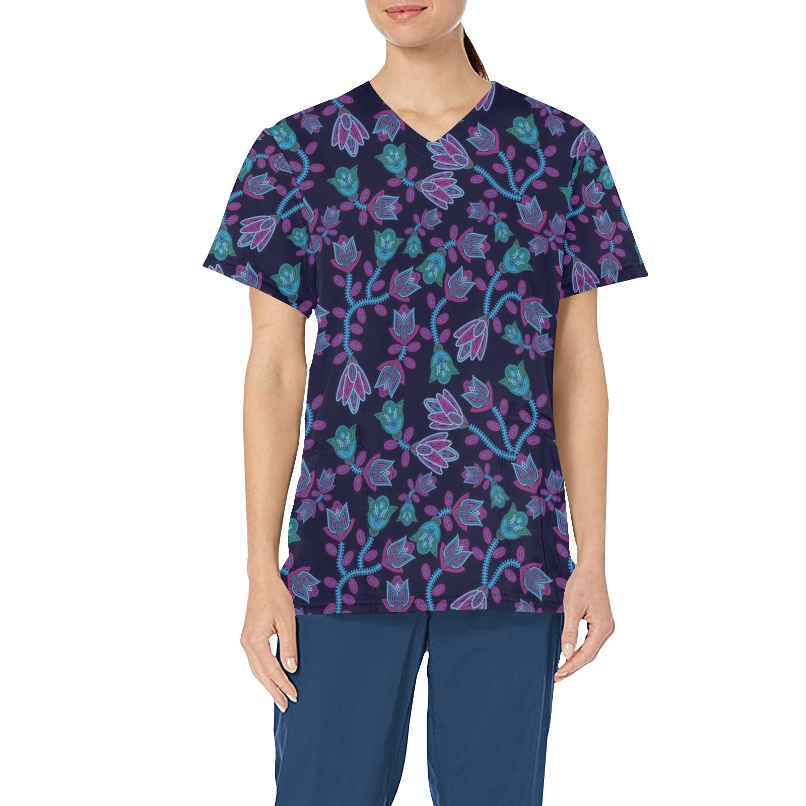 Beaded Blue Nouveau All Over Print Scrub Top Scrub Top e-joyer