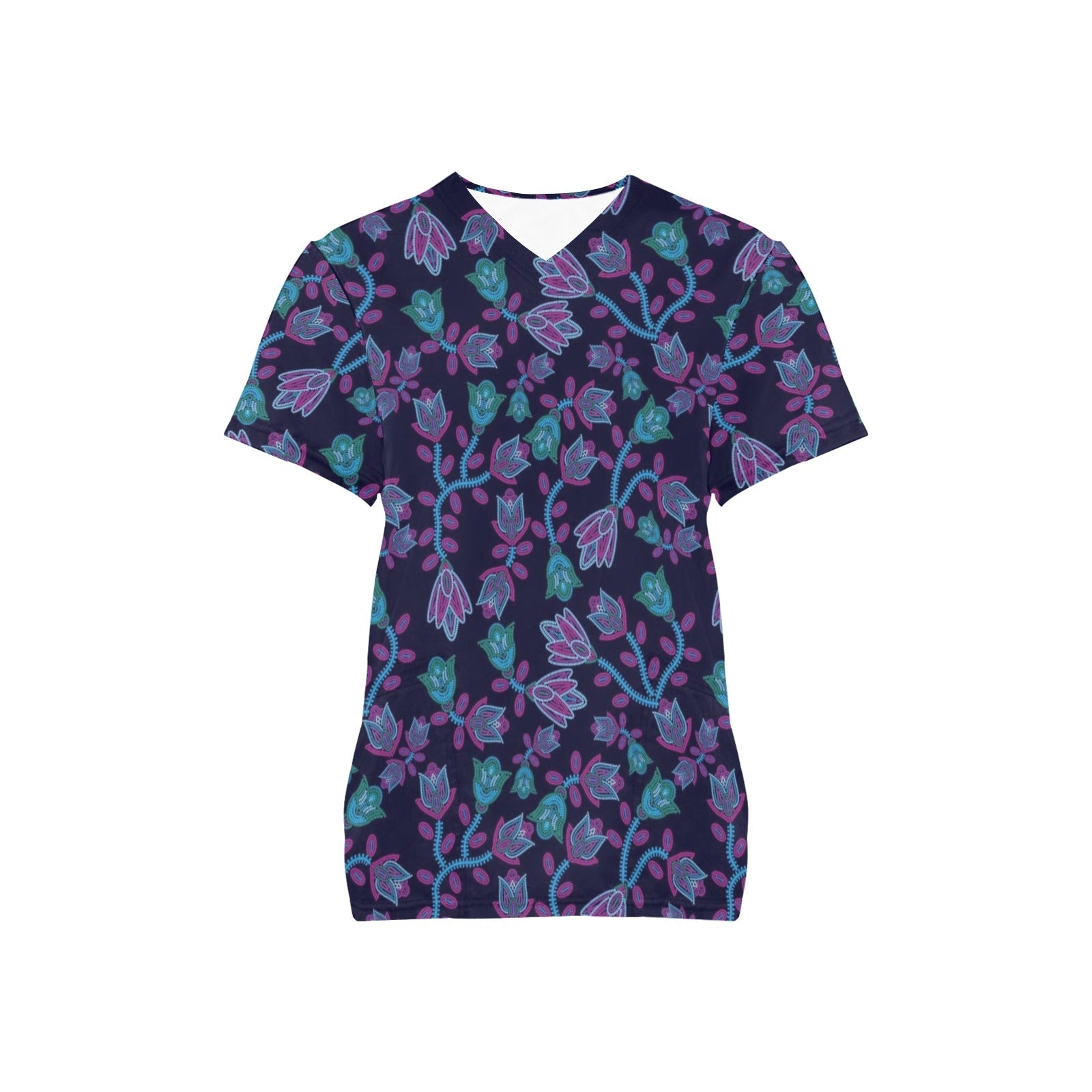 Beaded Blue Nouveau All Over Print Scrub Top Scrub Top e-joyer