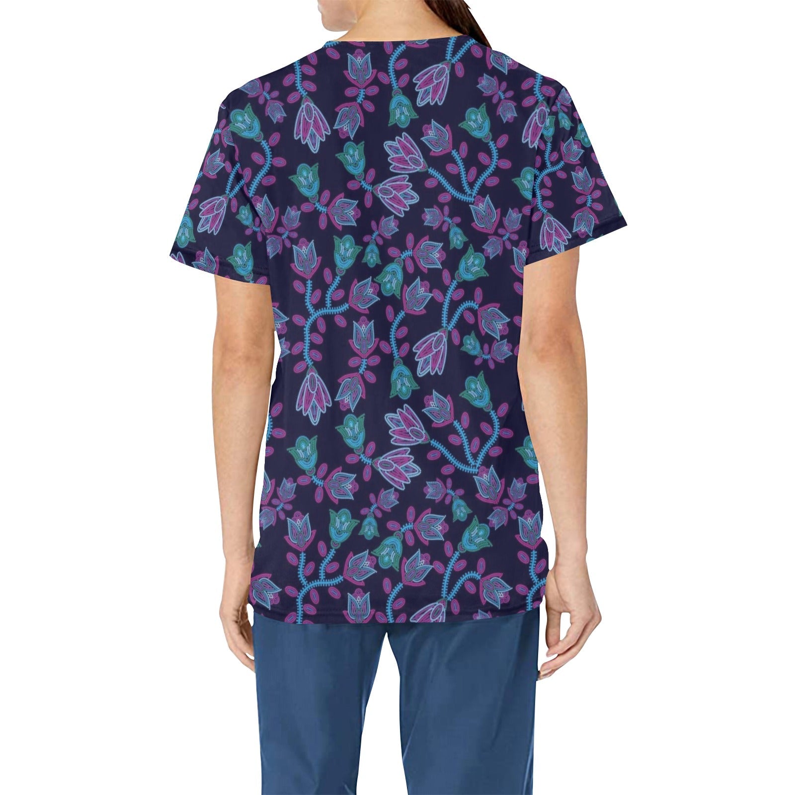 Beaded Blue Nouveau All Over Print Scrub Top Scrub Top e-joyer