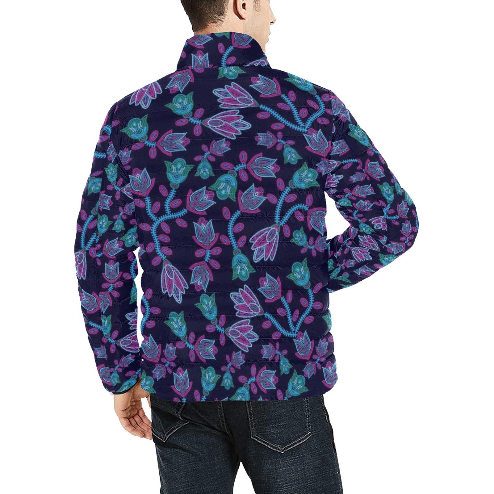 Beaded Blue Nouveau Men's Stand Collar Padded Jacket (Model H41) Men's Stand Collar Padded Jacket (H41) e-joyer