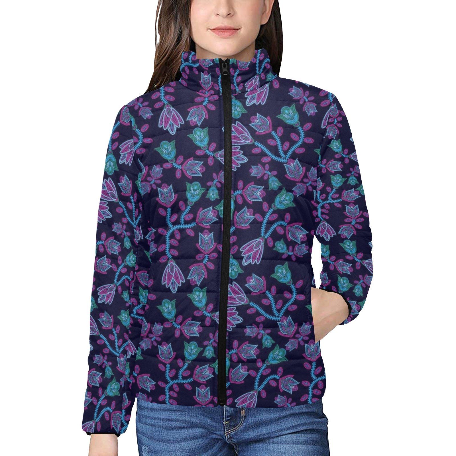 Beaded Blue Nouveau Women's Stand Collar Padded Jacket (Model H41) jacket e-joyer