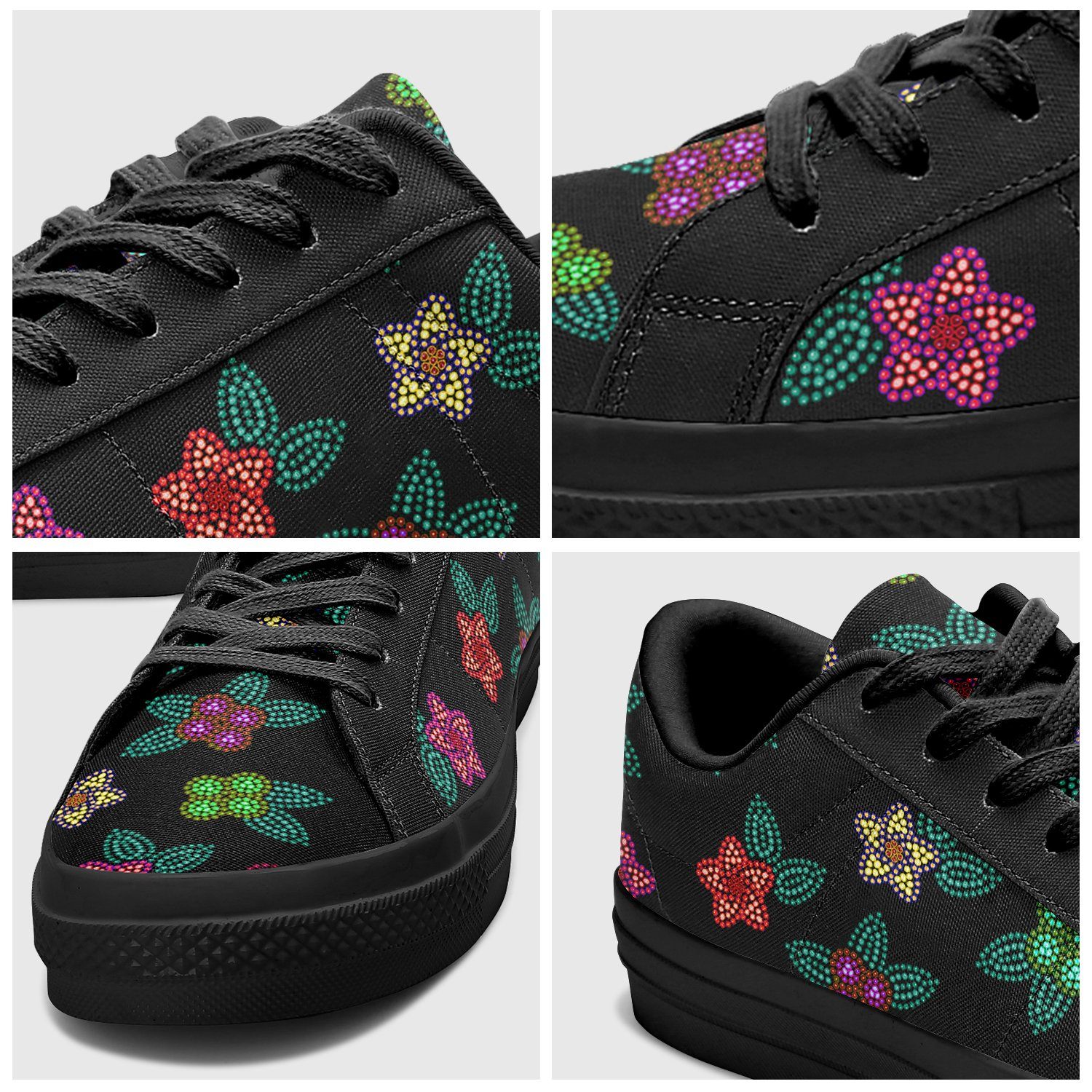 Berry Flowers Black Aapisi Low Top Canvas Shoes Black Sole aapisi Herman